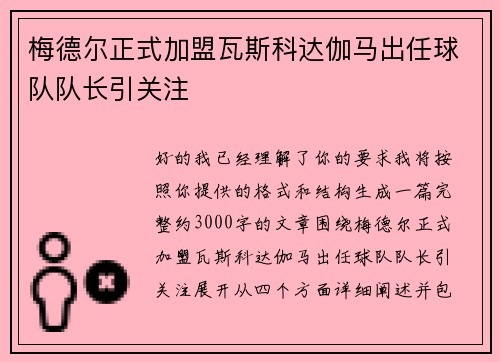 梅德尔正式加盟瓦斯科达伽马出任球队队长引关注