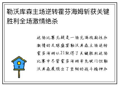 勒沃库森主场逆转霍芬海姆斩获关键胜利全场激情绝杀